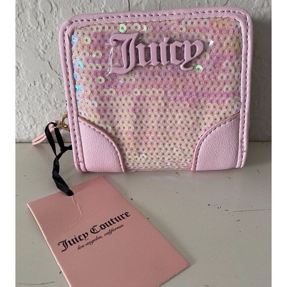 Juicy Couture Wallet Choose Juicy II Light Pink Small Zip Around Sequin NEW - Picture 1 of 10